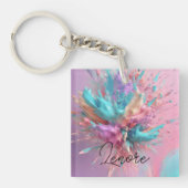 Exploderende Verf Abstract Roze Turquoise Lila Sleutelhanger (Voorkant)