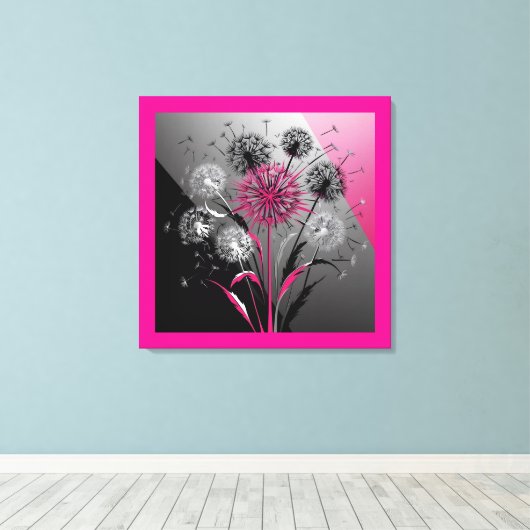 Exploding Dandelions Pink Black White Canvas Afdruk (Insitu (Houten vloer))