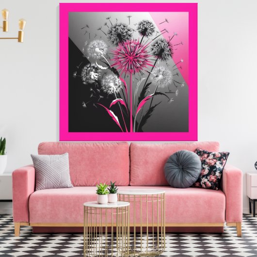 Exploding Dandelions Pink Black White Canvas Afdruk (Insitu (Woonkamer))