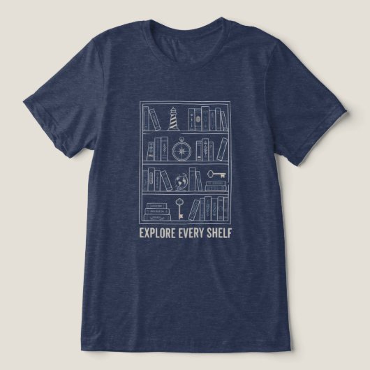 Explore Every Shelf Boekliefhebber T-Shirt | Bibli (Design voorkant)