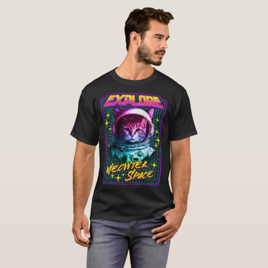 Explore Meowter Space 80s Style Astronaut Space C T-shirt (Voorkant volledig)