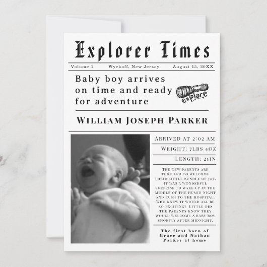 Explorer Times Newborn Birth Aankondiging (Voorkant)