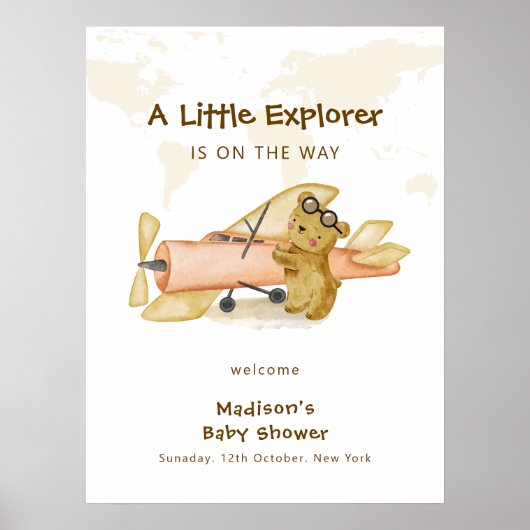 Explorer World Map Airplane Baby Shower Welcome  Poster (Voorkant)