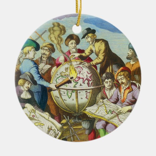  Explorers met de Kaart van het Antiek Wereldbol,  Keramisch Ornament (Voorkant)