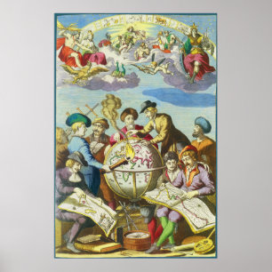 Explorers met de Kaart van het Antiek Wereldbol, Poster