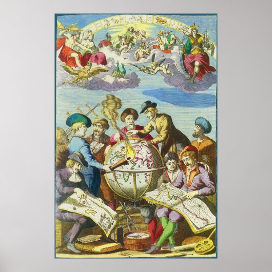  Explorers met de Kaart van het Antiek Wereldbol,  Poster (Voorkant)