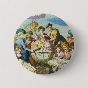 Explorers met de Kaart van het Antiek Wereldbol,  Ronde Button 5,7 Cm