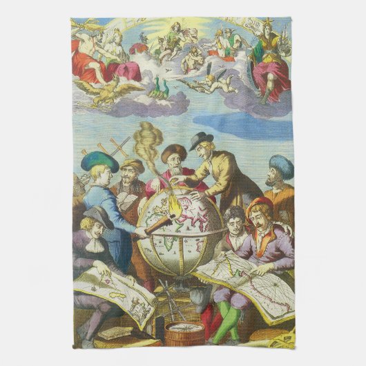  Explorers met de Kaart van het Antiek Wereldbol,  Theedoek (Verticaal)