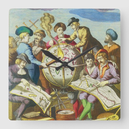 Explorers met de Kaart van het Antiek Wereldbol, Vierkante Klok (Voorkant)