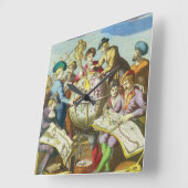 Explorers met de Kaart van het Antiek Wereldbol, Vierkante Klok (Hoek)