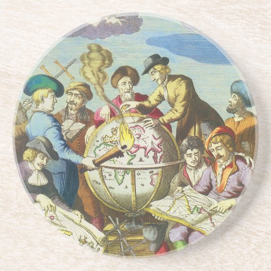 Explorers met de Kaart van het Antiek Wereldbol,  Zandsteen Onderzetter (Voorkant)