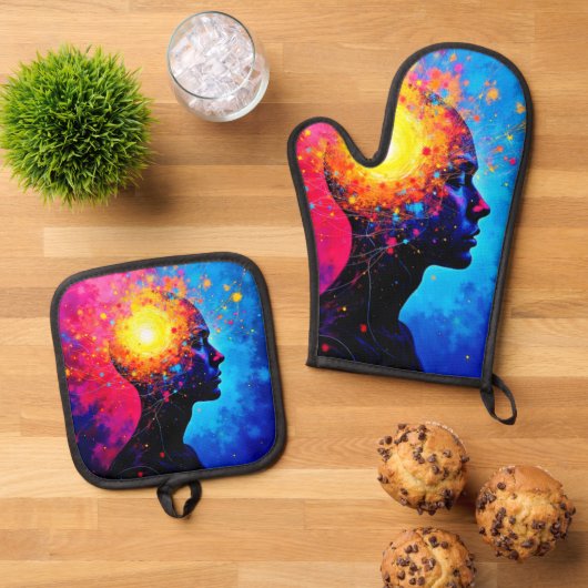 Explosie van creatieve kunstzinnigheid ovenwant & pannenlap set (Top down)
