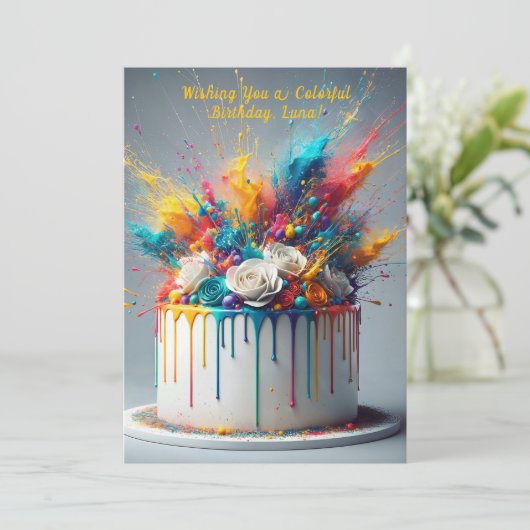 Explosie van vreugde - Happy Birthday Cake Kaart (Staand voorkant)
