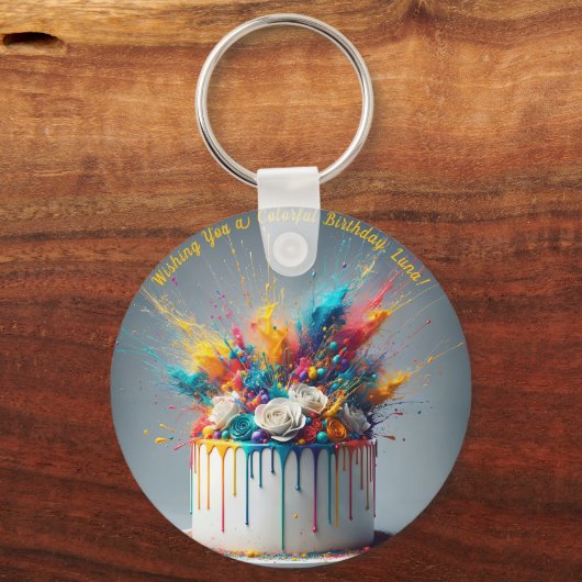 Explosie van vreugde - Happy Birthday Cake Sleutelhanger (Voorkant)