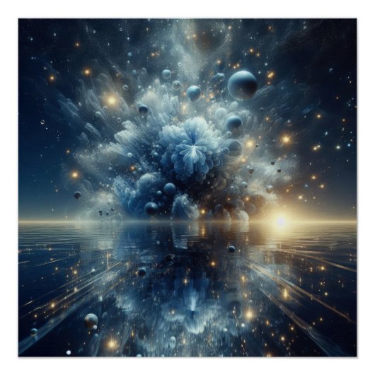 Explosie van zuiver water op een blauw meer perfect poster (Voorkant)