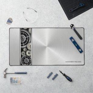 Exposed Gears op Brushed Silver met Jouw naam Bureaumat