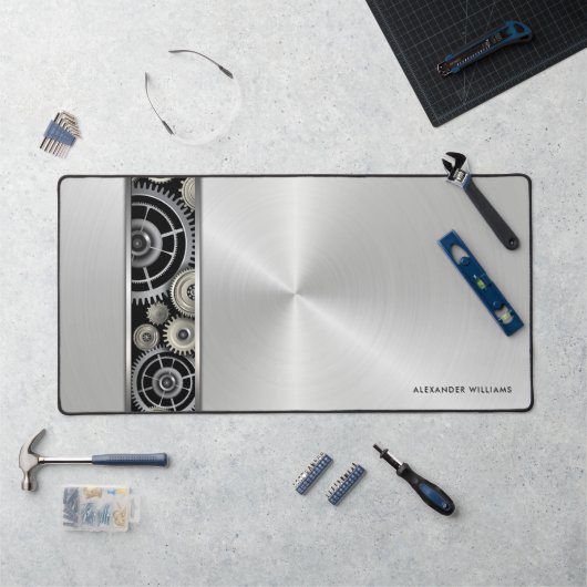 Exposed Gears op Brushed Silver met Jouw naam Bureaumat (Werkstation)