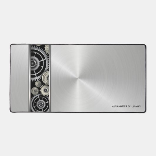 Exposed Gears op Brushed Silver met Jouw naam Bureaumat (Voorkant)