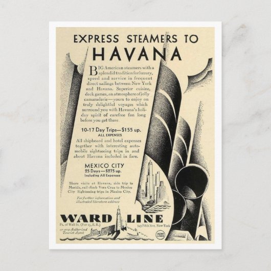 Express Steamer naar Havana, Cuba 1929  Briefkaart (Voorkant)