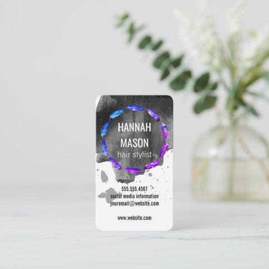 Expressief zwart geborsteld / veren versiering visitekaartje (Staand voorkant)