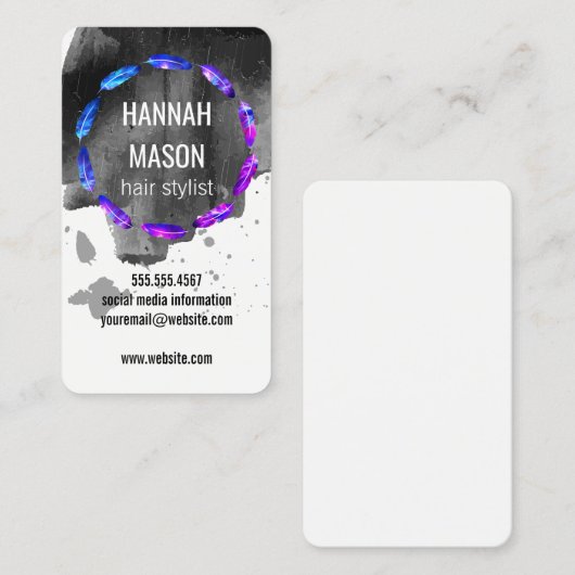 Expressief zwart geborsteld / veren versiering visitekaartje (Voorkant / Achterkant)