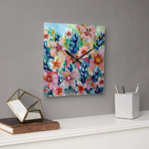 Expressieve kleurrijke bloemenklok volledig aanpas vierkante klok