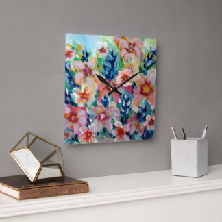 Expressieve kleurrijke bloemenklok volledig aanpas vierkante klok