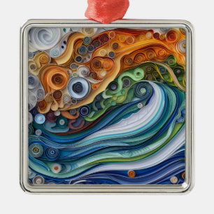 Expressieve Quilled Oceaangolf Zonsondergang Metalen Ornament