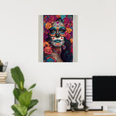 Expressieve suiker schedel kunst: Vrouw in feestel Poster (Thuiskantoor)