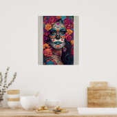 Expressieve suiker schedel kunst: Vrouw in feestel Poster (Keuken)
