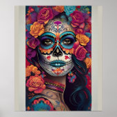 Expressieve suiker schedel kunst: Vrouw in feestel Poster (Voorkant)