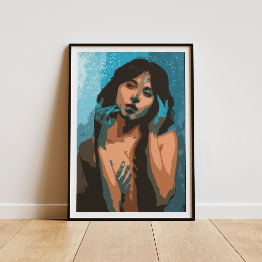 Expressieve vrouw in blauwe tinten schilderij poster