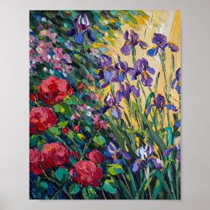 Expressieve zware impasto bloemschildering in olie poster