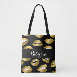 Expressional Gold Lips Typografie Tote Bag