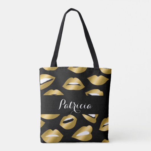 Expressional Gold Lips Typografie Tote Bag (Achterkant)