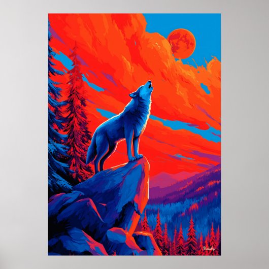 Expressionist Wolf Under Crimson Moon Wall Art Poster (Voorkant)