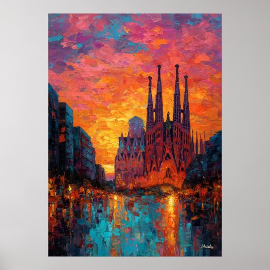 Expressionistische Barcelone Skyline Levendige Sta Poster (Voorkant)