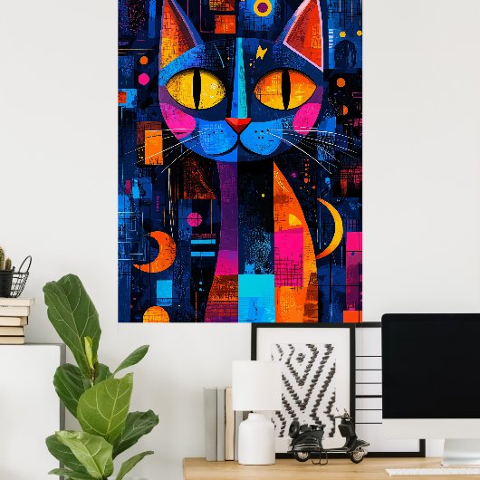 Expressionistische geometrie Cat Poster – Levendig (Thuiskantoor)
