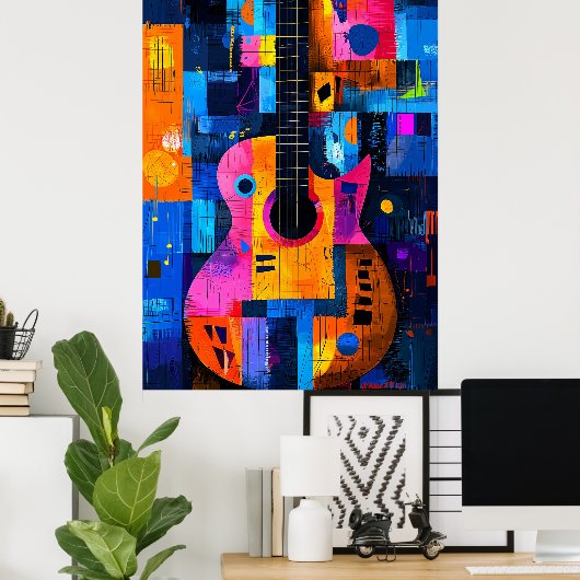 Expressionistische geometrie gitaar - levendige mu poster (Thuiskantoor)