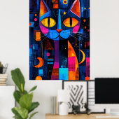 Expressionistische Geometrie Kat Poster – Levendig (Thuiskantoor)