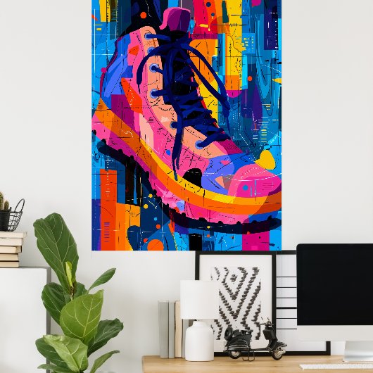 Expressionistische geometrie sneaker, levendige st poster (Thuiskantoor)
