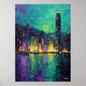 Expressionistische Hong Kong Skyline Neon Havensta Poster (Voorkant)