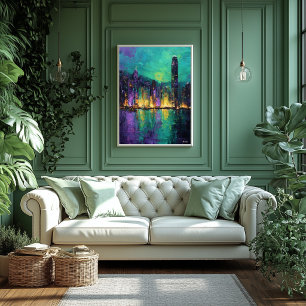 Expressionistische Hong Kong Skyline Neon Havensta Poster