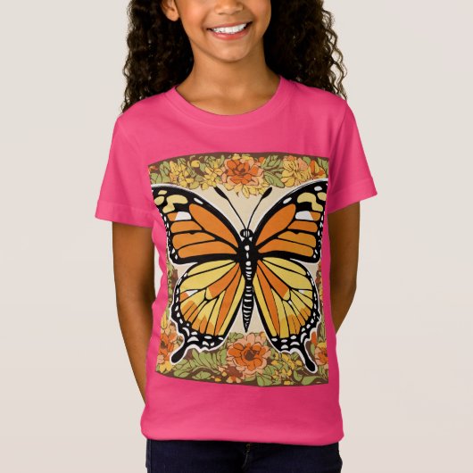 Expressionistische monarchvlinder met bloemenpatro t-shirt (Voorkant)