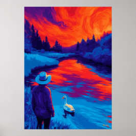 Expressionistische rivier zonsondergang contemplat poster
