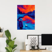 Expressionistische rivier zonsondergang contemplat poster (Thuiskantoor)