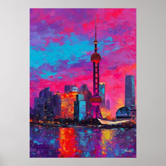 Expressionistische Shanghai Skyline Kleurrijke Ste Poster (Voorkant)