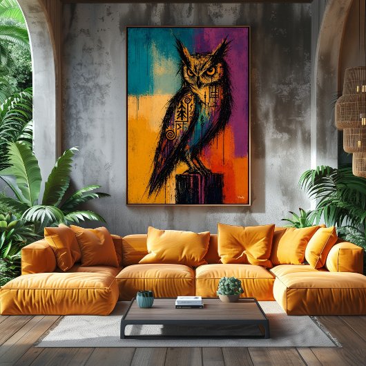 Expressionistische uil in kleurvelden abstracte po poster