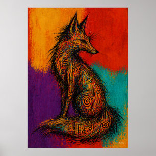 Expressionistische Vos in Kleurvelden Muur Kunst P Poster