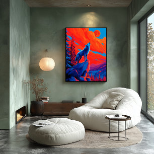 Expressionistische wolf onder karmozijnrode maan w poster